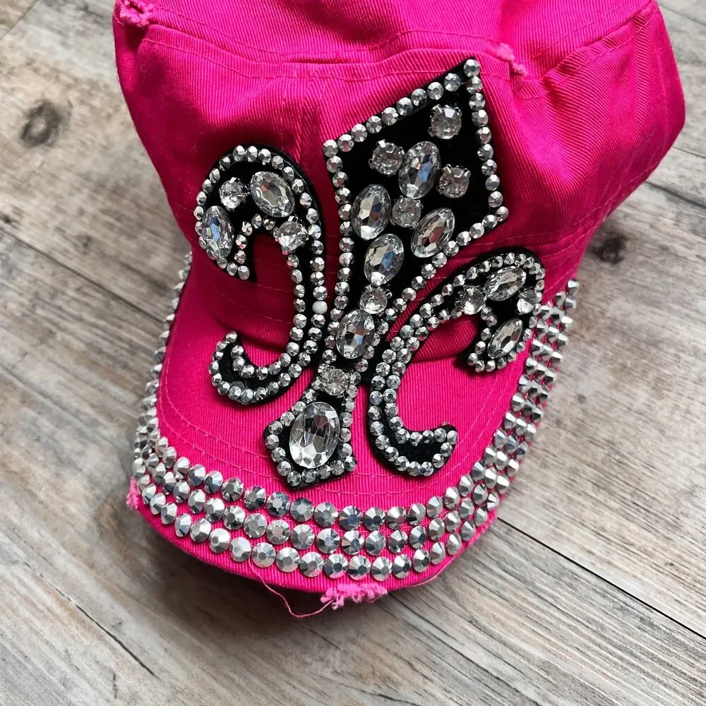 Y2K Hot Pink Rhinestone Fleur De Lis Cap Bling Studded Hat Adjustable Vintage